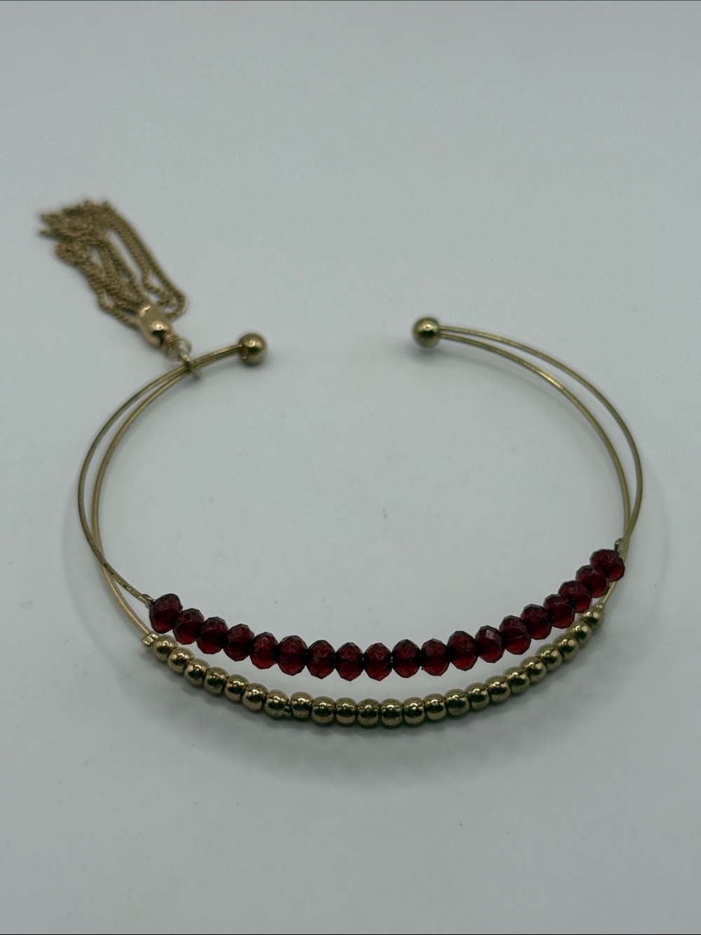 Vintage Gold Tone Burgundy Beaded Tassel Bangle Cuff Statement Bracelet